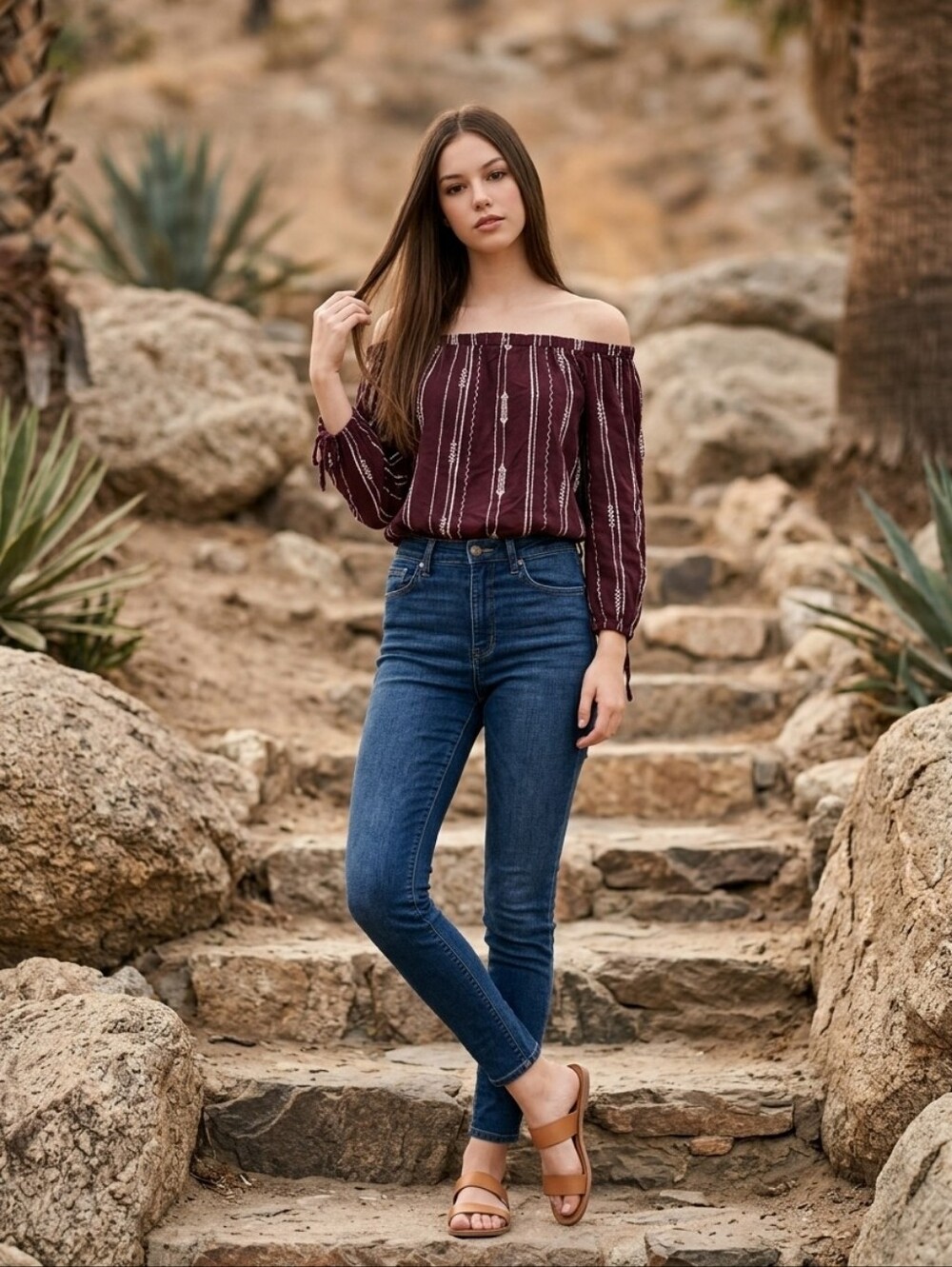 Lush Cropped Off-Shoulder Embroidered Peasant Blouse - Burgundy